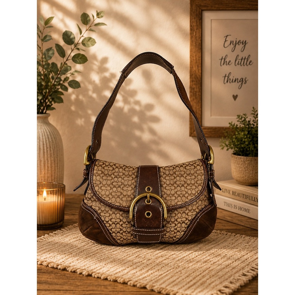 Coach Soho Signature Jacquard Buckle Flap Shoulder Bag Brown Suede 6818